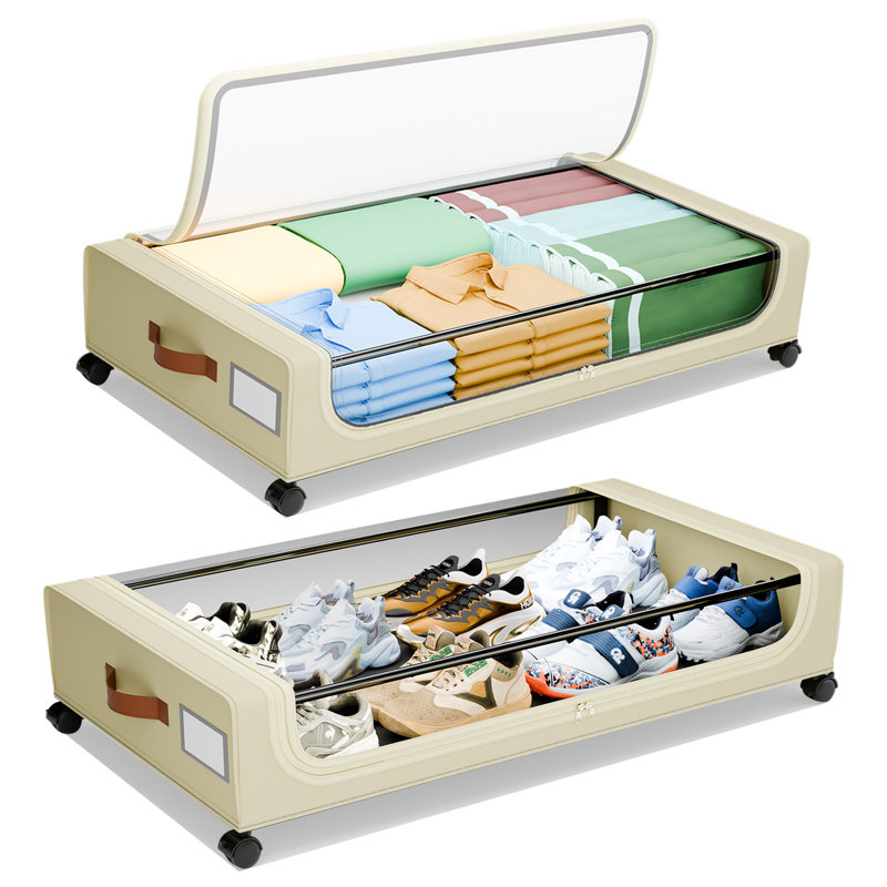 Under Bed Storage with Wheels, 2-Pack Under Bed Storage Containers with Clear Lids, Under the bed storage Organizer Bins, Rolling Under Bed Metal Drawer for Clothes,Shoes,Toys (White, 4Pack)