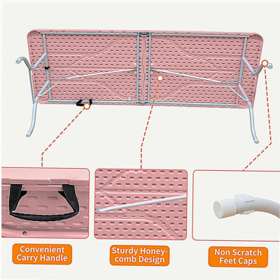 Table pliante rose de 8 pi, table en plastique portative pour le camping, les pique-niques, les fêtes, la table pliante à haute charge