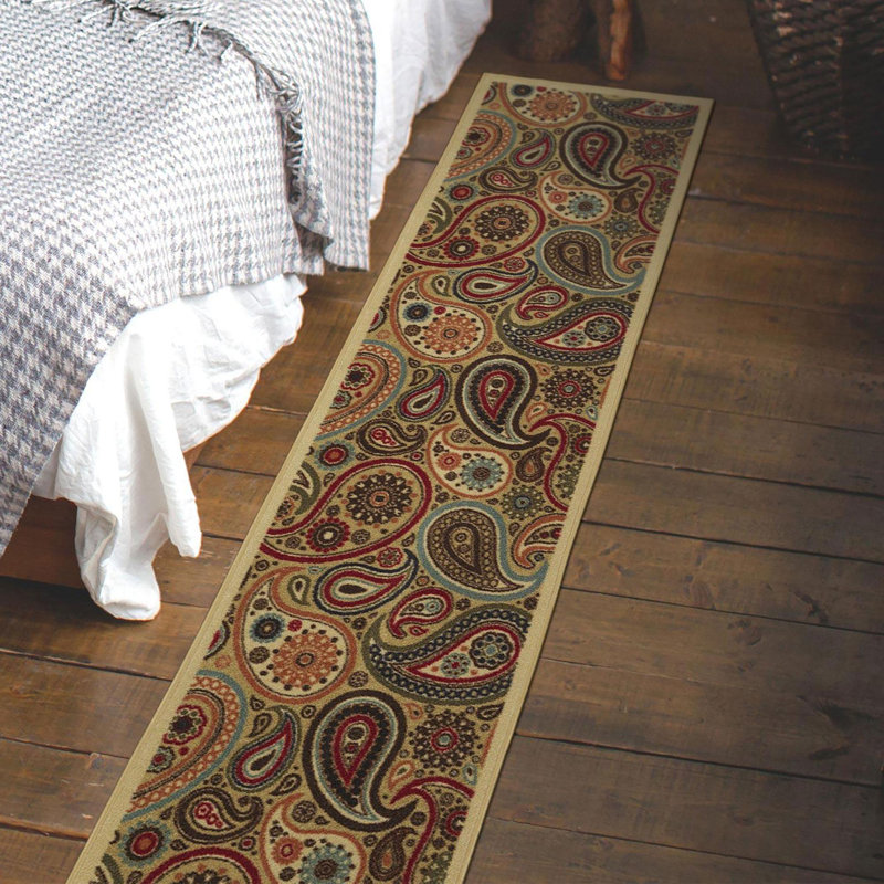 Contemporary Red and Beige Paisley Runner Rug with Non-Slip Backing