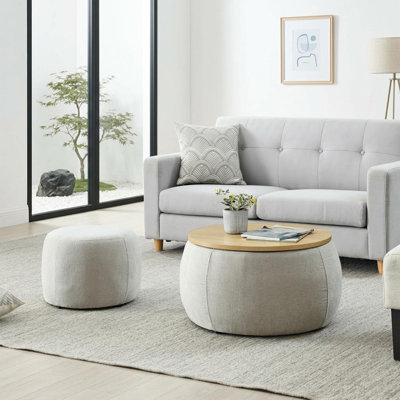 25'' Round Storage Ottoman Set Of 2 Vanity Stool With Storage For Bedroom Coffee Table Woven Rattan Coffee Table Foot Stool For Living Room Light Grey