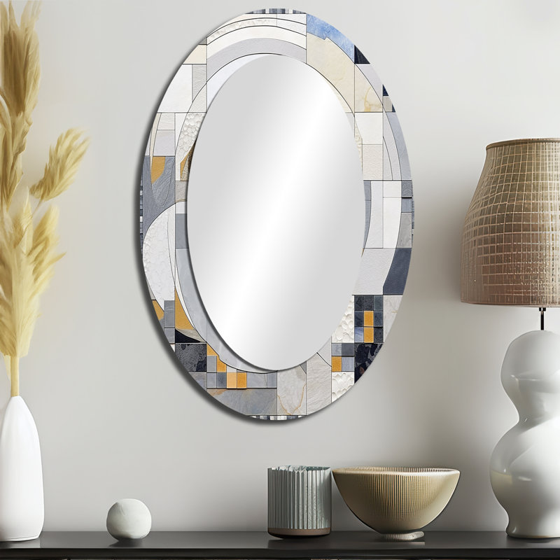 Gris et jaune mosaïque III - miroir décoratif ovale abstrait sur métal, 36 po x 24 po