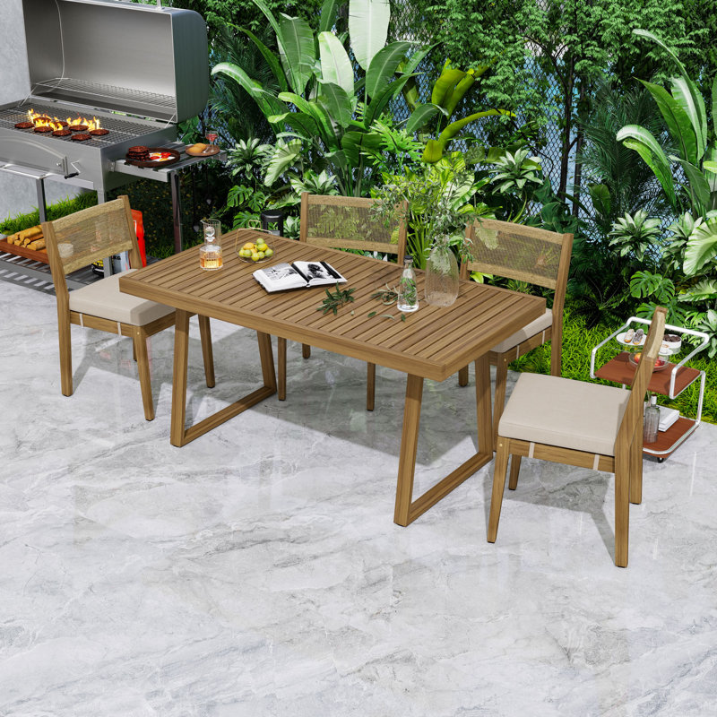5-Piece Acacia Wood Outdoor Dining Set with Patio Table, 4 Chairs and Thick Cushions for Balcony, Beige