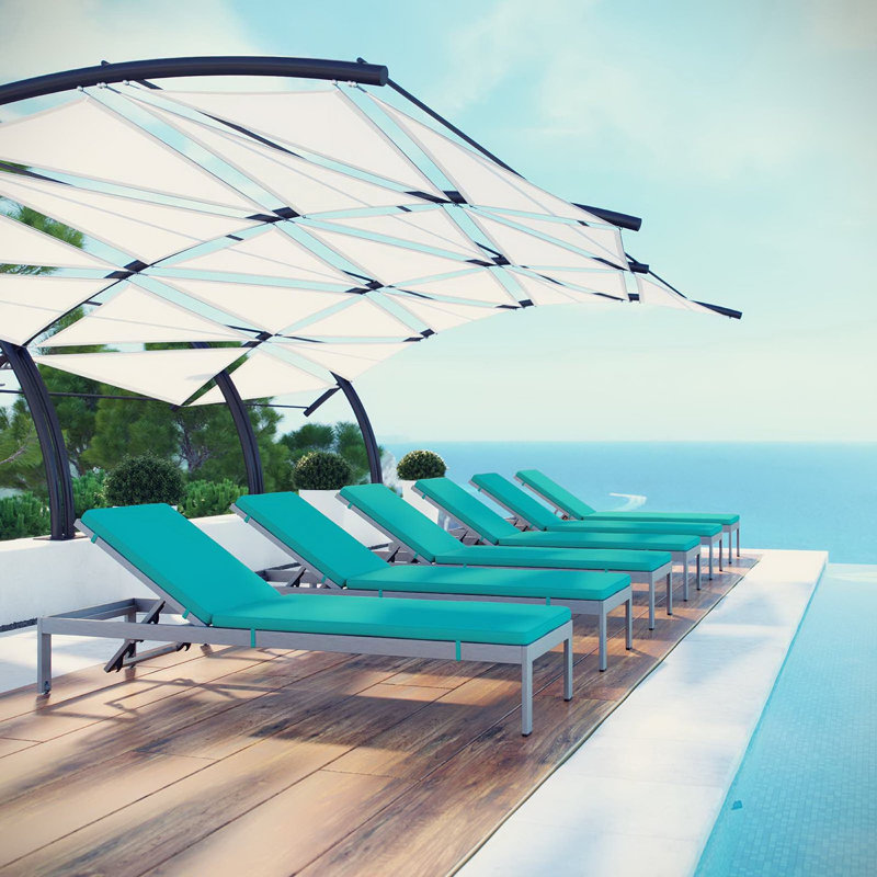 Ensemble de chaises longues inclinables de 76 po avec coussins Shore (ensemble de 6), Turquoise, Argent argent