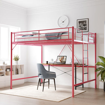 Pink Loft Bed Queen Size With Ladder And Guardrail,Metal Slats Support No Box Spring Needed Small Space Saving Furniture For Bedroom Dorm
