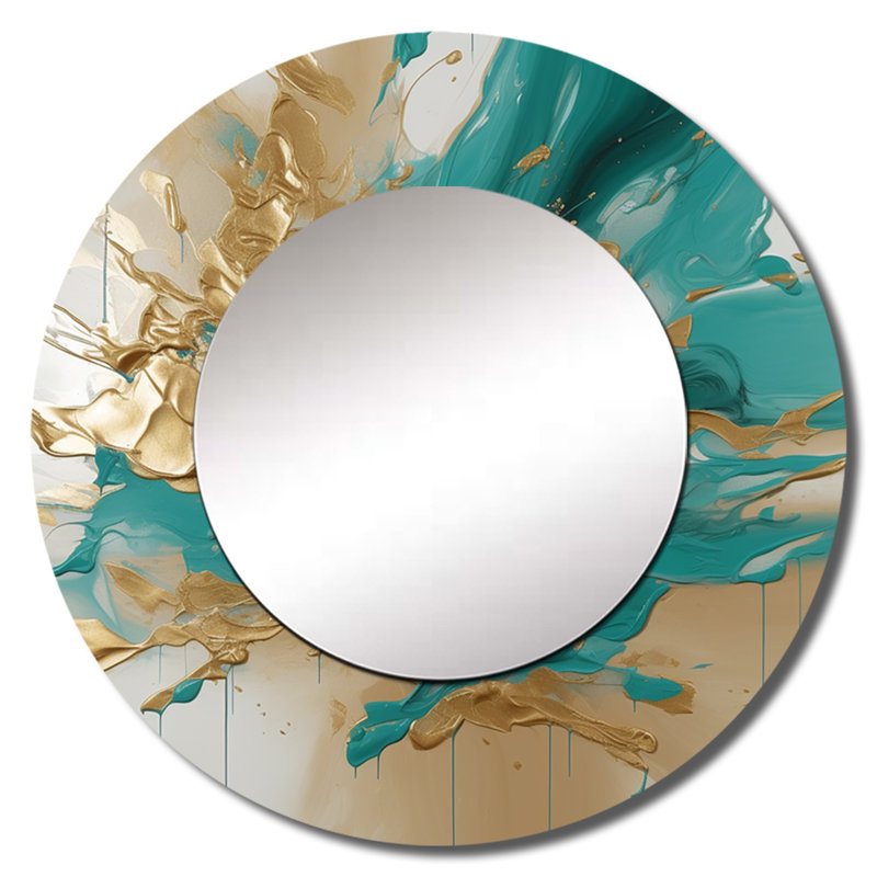 Or et marbre Turquouse Fuild Ink - miroir mural abstrait en marbre rond_MTMIR61930, 23 po x 23 po