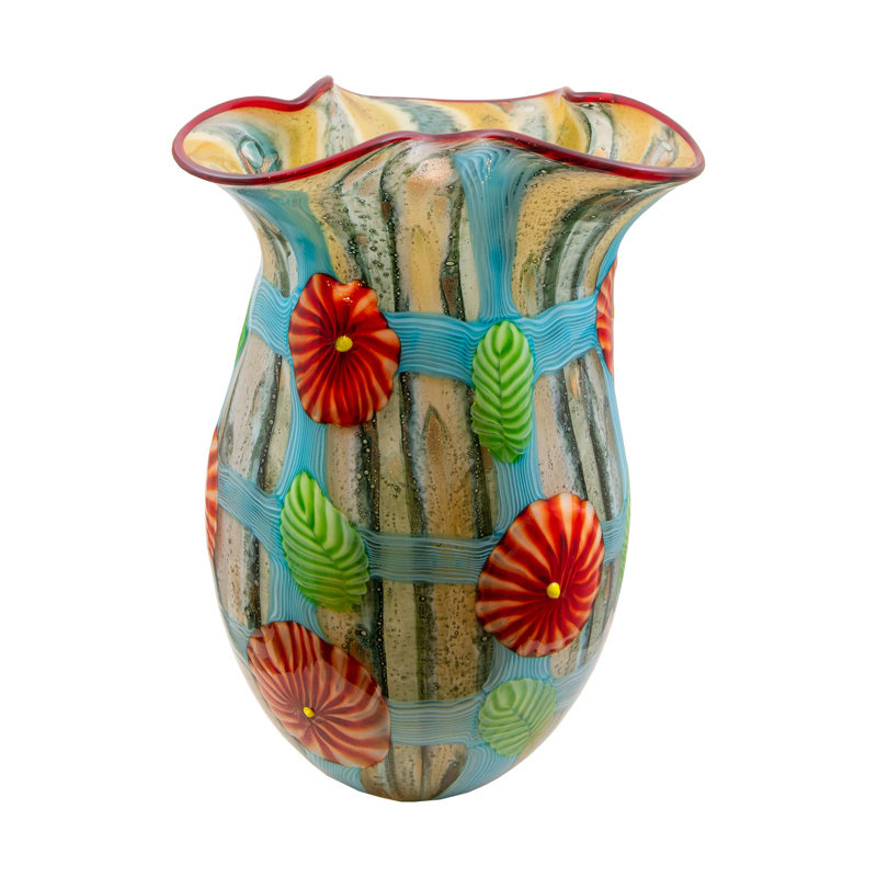 Multicolor Hand Blown Ceramic Vase with Floral Design