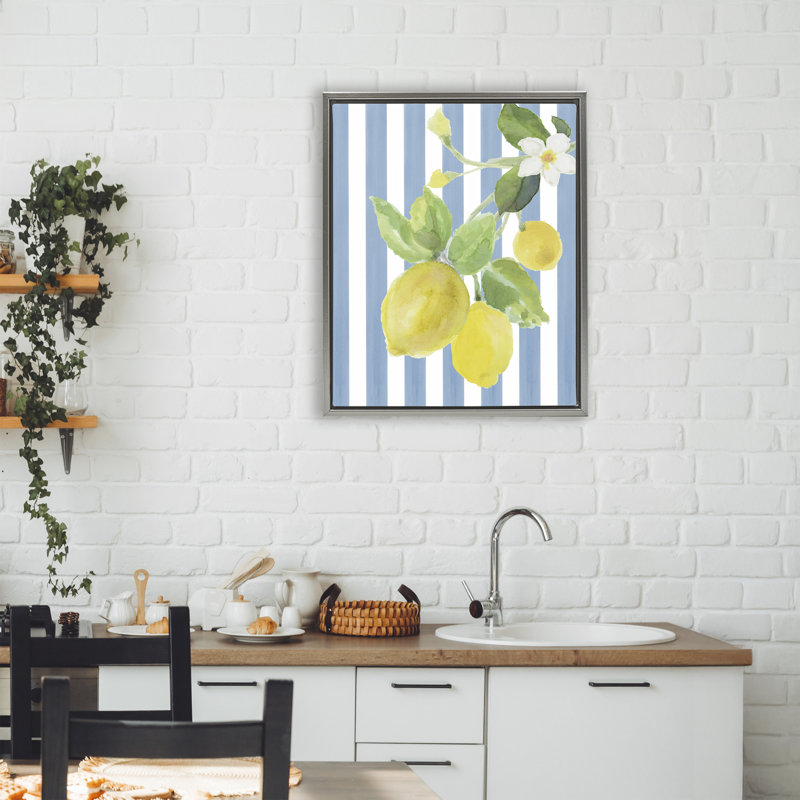 Cadre flottant Lemon Blossom sur rayures bleues, design par Lanie Loreth, 21 x 17, Lustre Grey Floater Framed