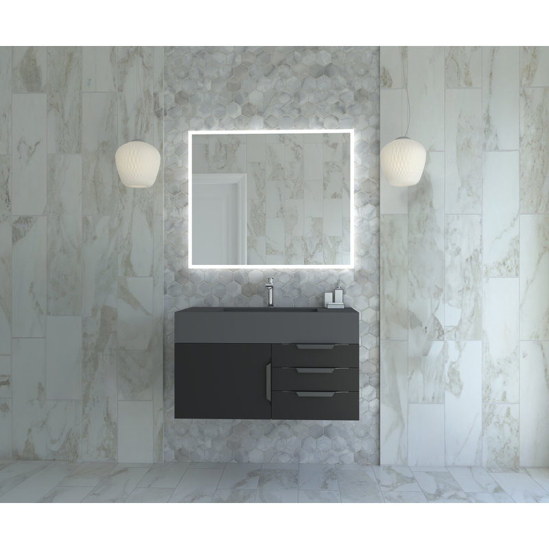 Modern 36" Wall-Mounted Single Bathroom Vanity Set with Mirror, Black, Gray, Black