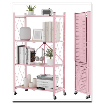 Étagère de rangement rose à 4 niveaux avec roulettes - étagère en métal sans assemblage, bibliothèque avec rangement pour cuisine / bureau / buanderie / garage