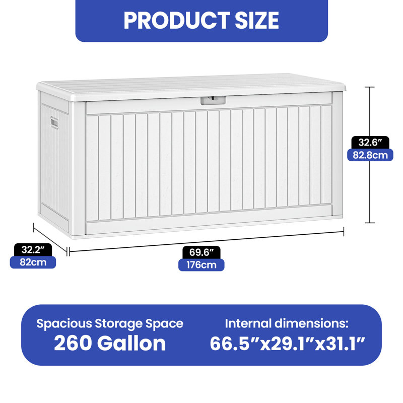 Edrosie Inc 69.6'' W 260 Gallons Water Resistant Resin Lockable Deck Box in White