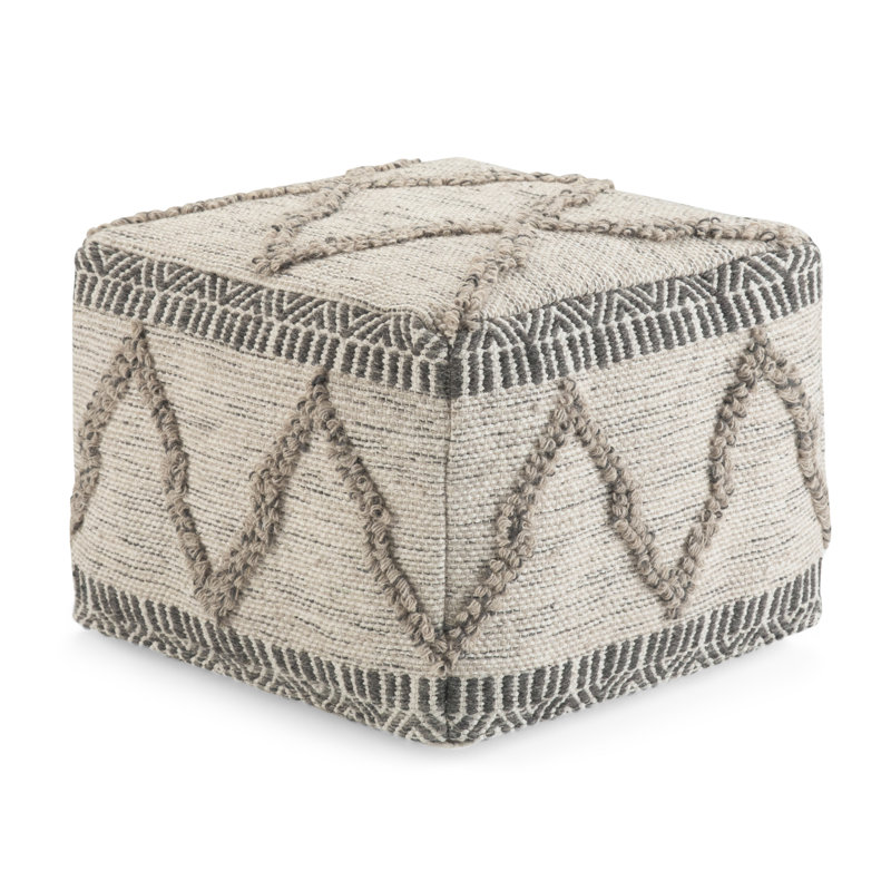 Sweeney 18"W Upholstered Wool and Cotton Handloom Woven Boho Square Pouf in Grey and Natural, Gray/Natural Wool