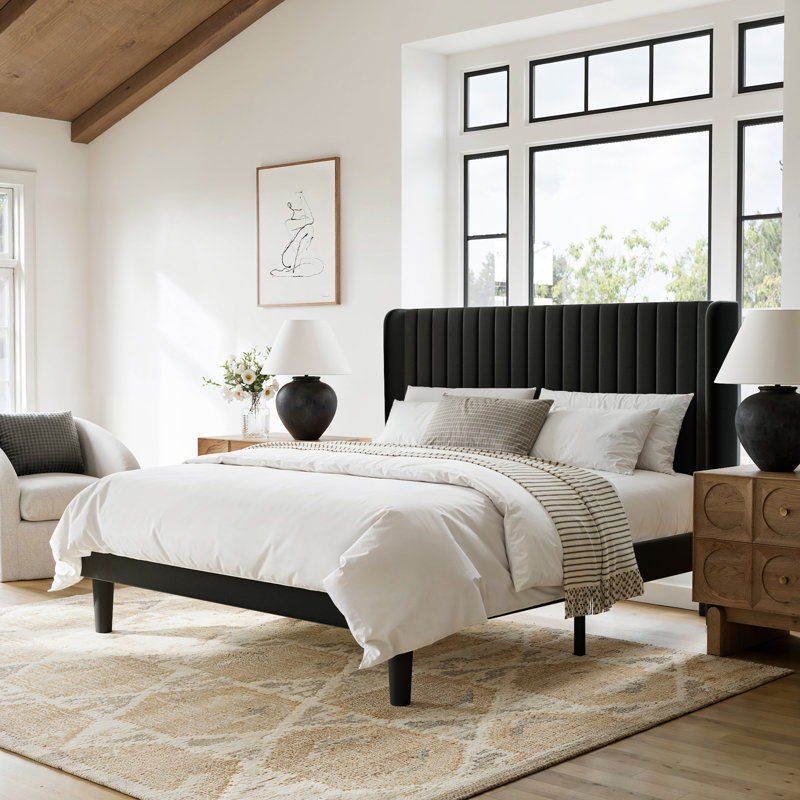 Full Size Velvet Upholstered Platform Bed with Wingback Headboard and Wooden Slats, Full, Black