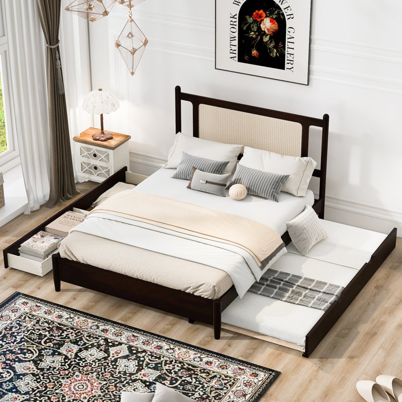  Grand lit plateforme en rotin en bois avec 2 tiroirs spacieux et un lit gigogne, idéal pour un espace de rangement et de couchage supplémentaire, design élégant et durable, espresso