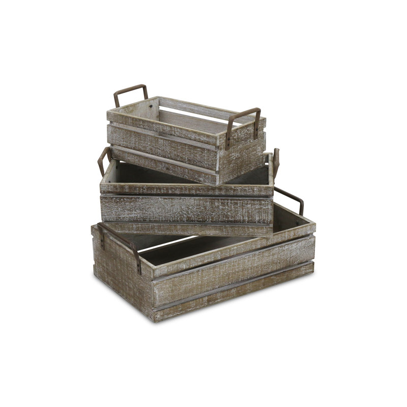 Ensemble de 3 caisses de rangement Selma en bois rustique avec poignées en métal, brun, tailles variées