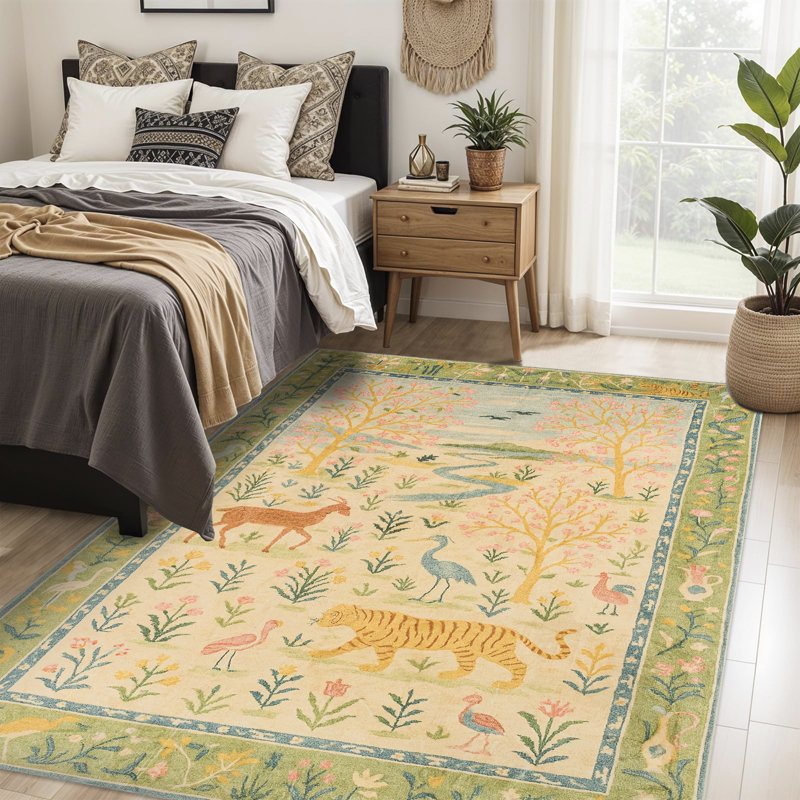 Machine Washable Boho Animal & Floral Area Rug Non-Slip Backing Green/Beige/Pink Carpet for Living Room, Bedroom, Kids Room, Nursery