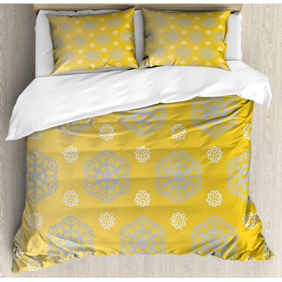 Ambesonne Yellow Duvet Cover Set, Bohemic Flowers, Blue Grey Marigold -  nev_34714_queen