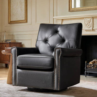 Stratton 31"W Transitional Genuine Leather Swivel Rocker Chair with Tufted Back and Nailhead Trim