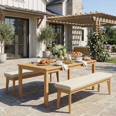 Ensemble de salle à manger pour 4 personnes avec coussins, ensemble de salle à manger de patio en bois d'acacia 3 pièces avec banc et table rectangulaire de 69 po