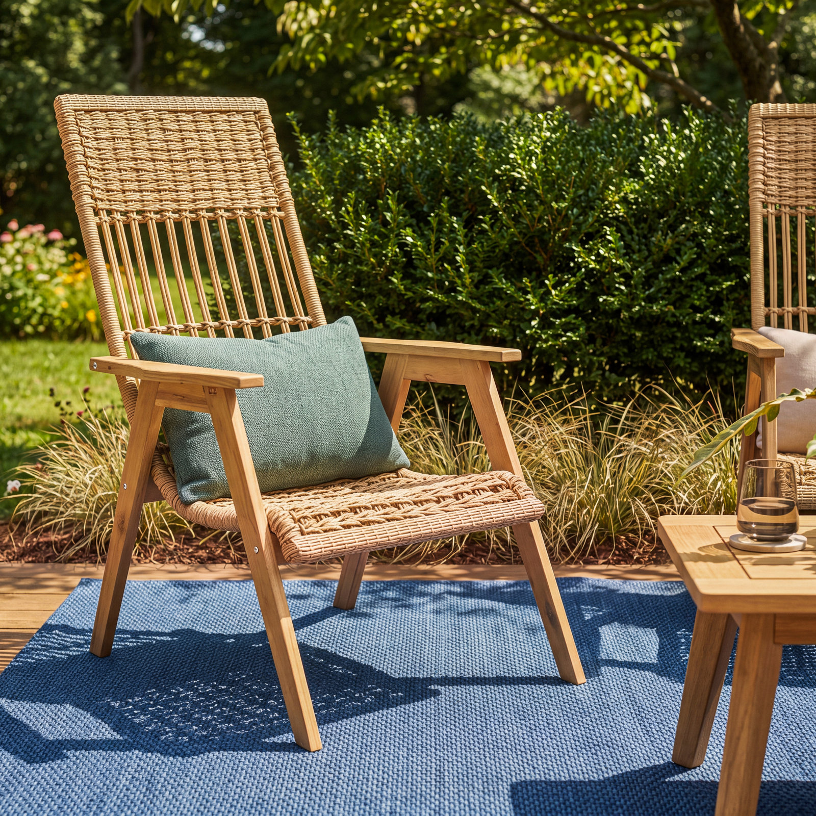 Anyston Teak Patio Lounge Chair, Natural Wicker