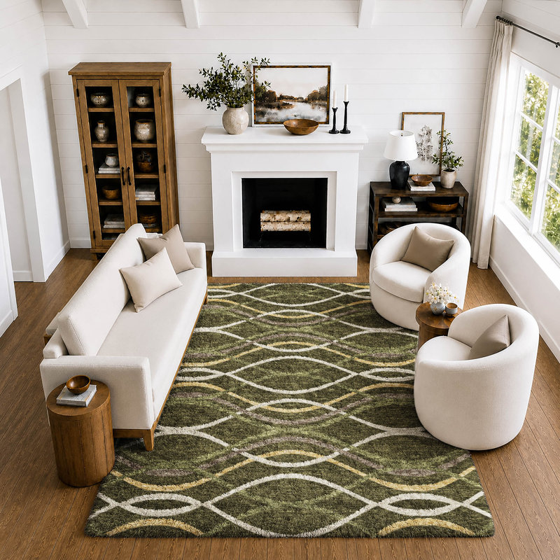 Tapis Dream Shag Waves ADS757, lavable à la machine, de qualité supérieure, Olive, 5' x 7'6"