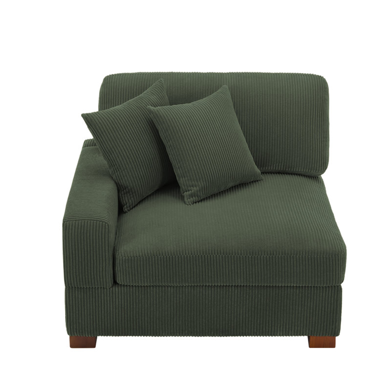 Upholstered Green Corduroy Armchair with Pillow Back and Solid Wood Legs, Green, Corduroy