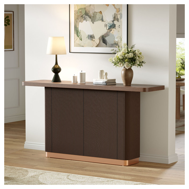 Console moderne pour hall d'entrée avec plateau en placage de frêne, base cannelée et décoration en métal - Table de couloir étroite, brun