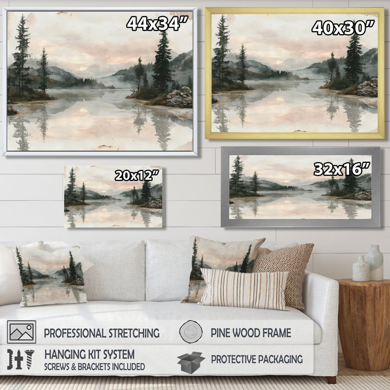 Art mural rétro pour la forêt par le lac II, H 34 po x l 44 po, Cadre flottant, Blanc