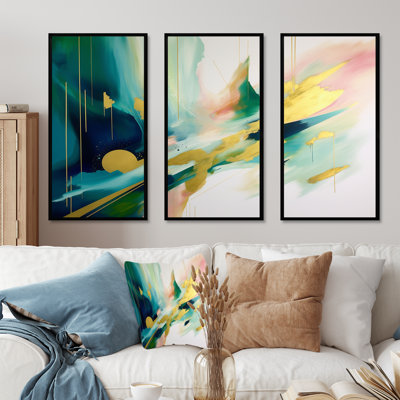 «Geometric Green and Gold Motion IV», ensemble d'art sur toile géométrique