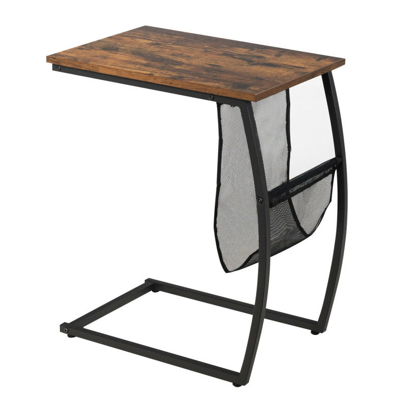 C-shaped Vintage End Table with Side Pocket and Metal Frame,Rustic Brown