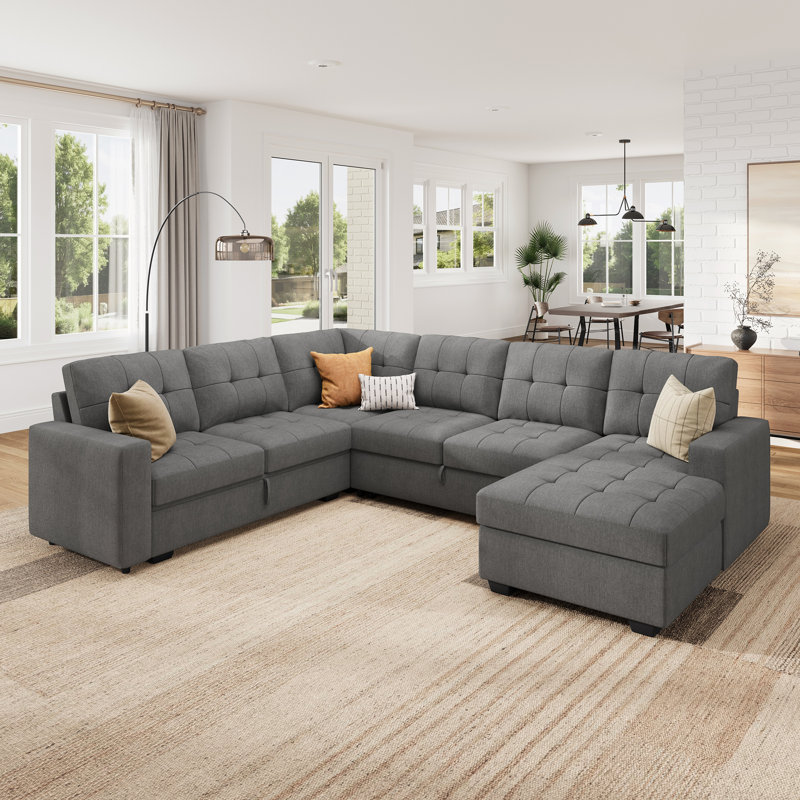 Canapé-lit modulaire escamotable en forme de U avec méridienne Cottone, Mélange de polyester gris
