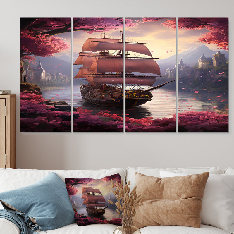 Voilier arrivant dans un port rose en fleur - ensemble de décoration murale bateau 4 pièces, H 28 po x l 48 po
