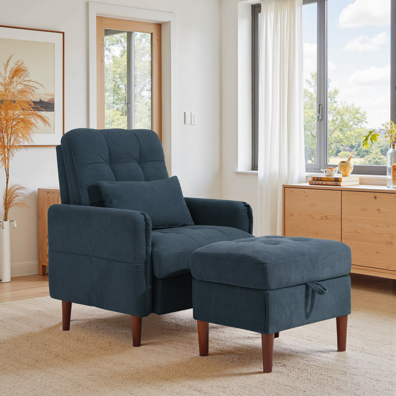 Upholstered Armchair with Footstool, Navy