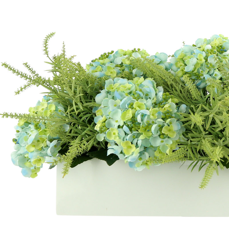 Arrangement de hortensias artificiels en polysilk en pot de fibres, Bleu et vert