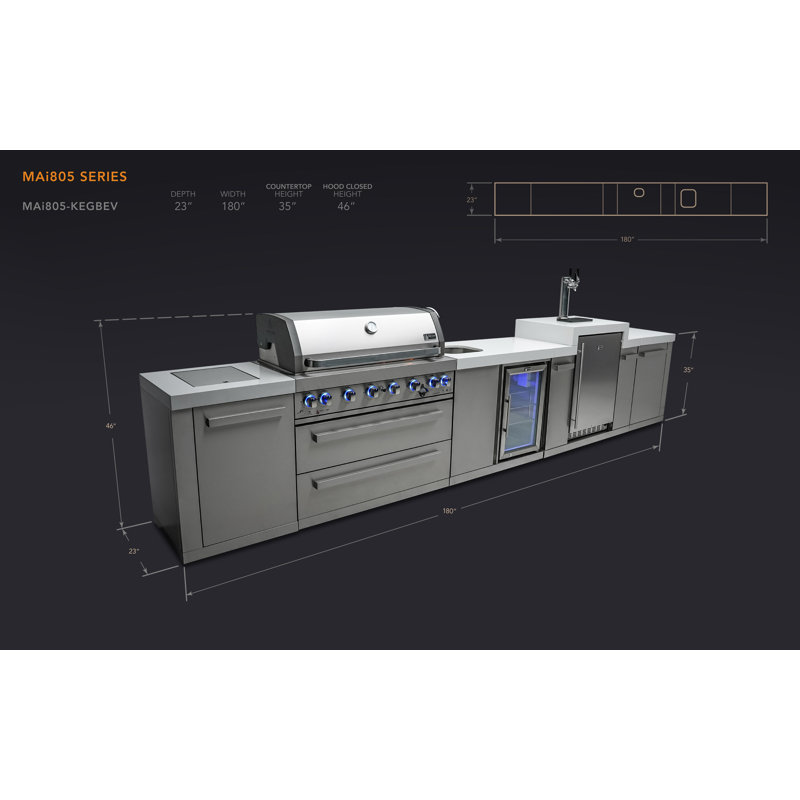 Mont Alpi 6-Burner Stainless Steel Outdoor Island Grill + Refrigerator & Sink + 3 Beer Tap Kegerator