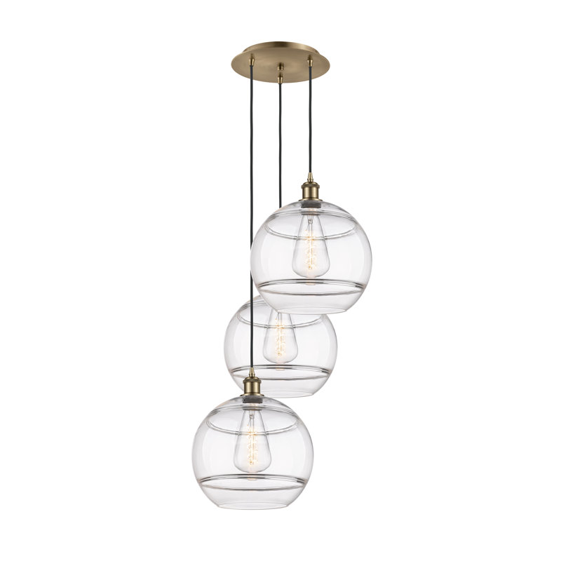 Luminaire suspendu en grappe à 3 lumières Chartoff, H 40,88 po x l 18,5 po x P 18,5 po, Transparent, Laiton antique