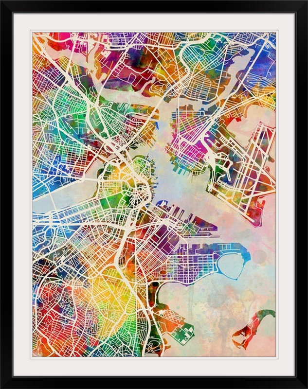 «Boston Massachusetts Street Map» par Francy, impression, Cadre noir, H 24 po x l 20 po x P 1 po