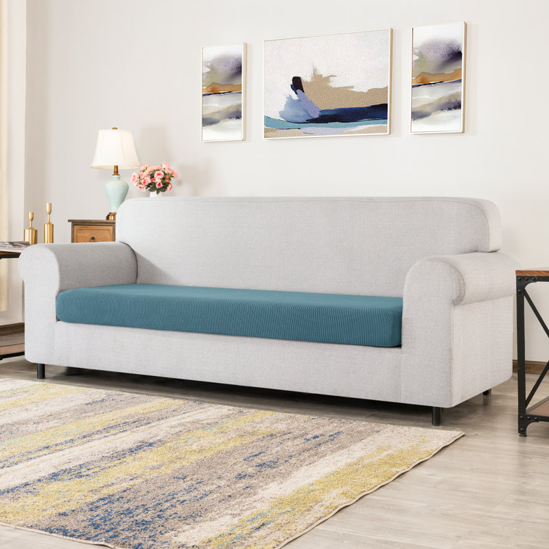 Stretch Textured Grid Box Cushion Sofa Slipcover, Sky Blue