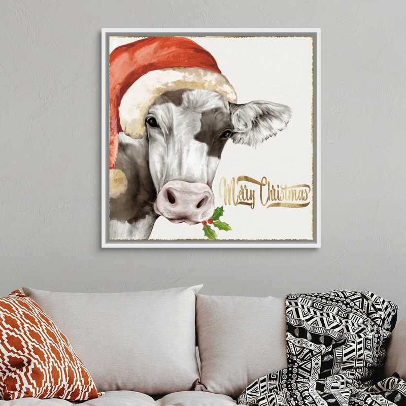 Vache de Noël - reproduction d'art sur toile, Cadre blanc, H 38 po x l 38 po x P 1,75 po