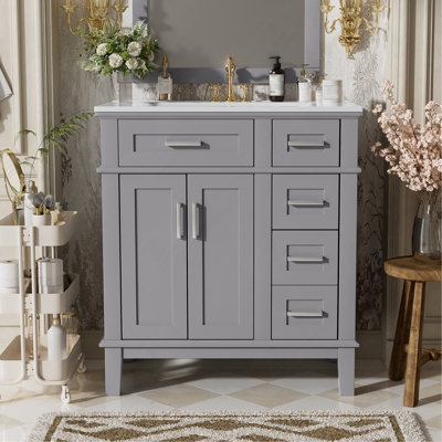 Meuble-lavabo de 30 po avec lavabo en céramique, armoire de rangement moderne avec portes à fermeture douce, tiroir profond et tiroir standard, meuble-lavabo élégant pour les petites salles de bain