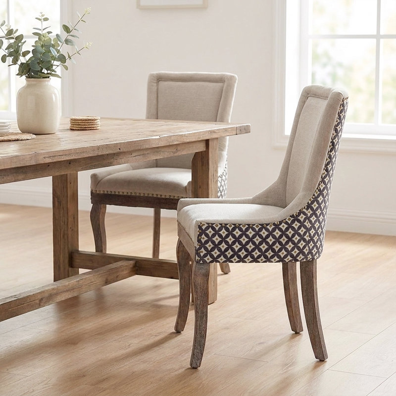 Chic Mid-Century Dining Chair Set(Set Of 2) - High Back Support, Solid Wood Frame, Bronze Accents, Gray/Blue Geometric
