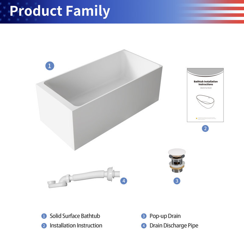 59" Freestanding Soaking Solid Surface Bathtub in White