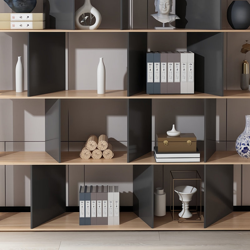 A high-quality and exquisite bookcase, (6 Shelves) 86.6"H x 70.8"W x 11.8"D, Brown/Black