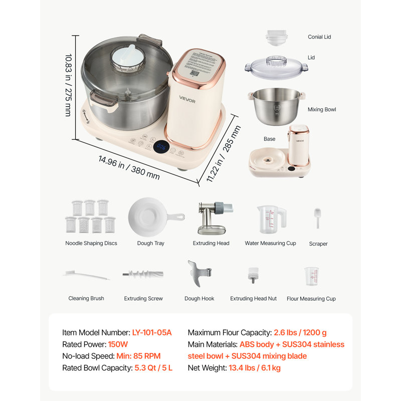 Dough Mixer 5.3 Quart Electric Dough Maker with Ferment Function, for Pizza Pasta Sourdough Noodle, 304 Stainless Steel Bowl, Timer, Face-up Control Panel, Household Dough Kneading Machine