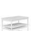 Table basse à finition blanche avec deux tiroirs et roulettes de rangement