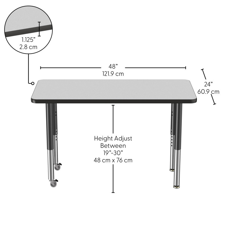 Table rectangulaire d'activité rectangulaire avec pieds réglables, 24 po x 48 po, Gris/noir, Super