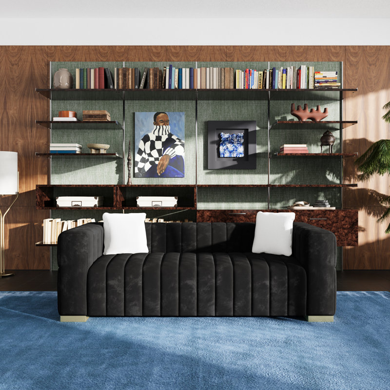 Charlesworth 82'' Velvet Square Arm Sofa with 2 Pillows, Modern Channel-Tufted Couch with Metal Legs, Luxury Wide Loveseat for Living Room, Black