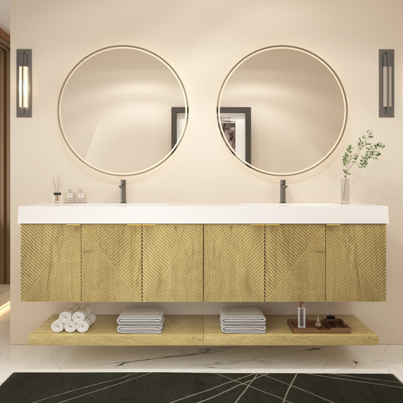 Ensemble de meuble-lavabo mural 84 po avec portes et tiroir intérieur Moreno Stella, Teck chêne