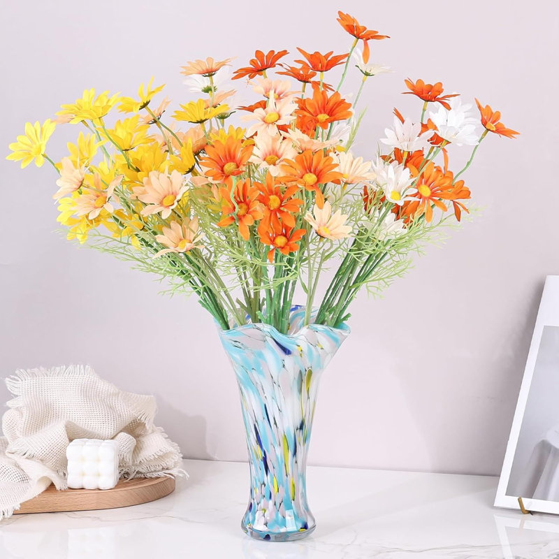 Vase en verre bleu multicolore soufflé à la main, vase à fleur large de 9 pouces