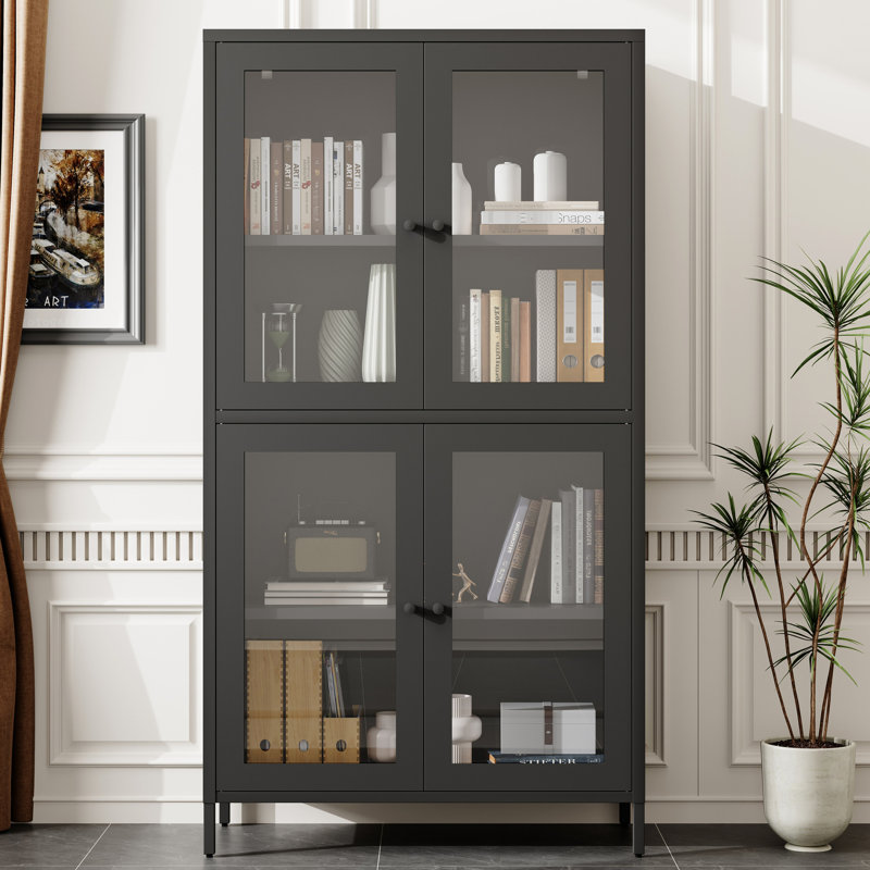 Armoire en métal avec accessoires de basculement et 3 à 4 tablettes pour salle de bain avec 4 portes en verre - Noir