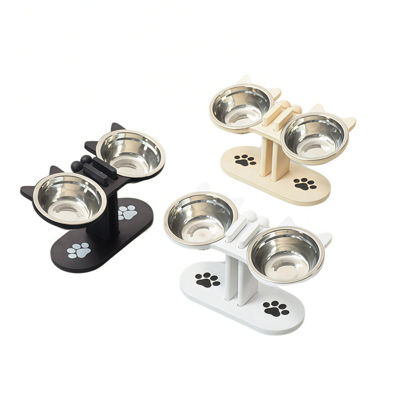 Bols pour chien surélevés, support en bois réglable avec 2 bols en acier inoxydable, protège-cou, antidérapant, facile à nettoyer, pour les petits et moyens animaux de compagnie